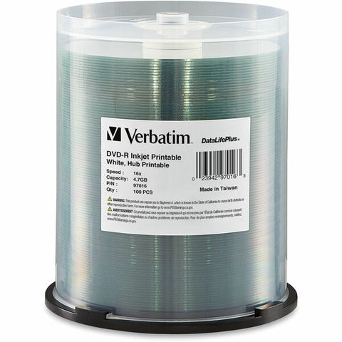 Verbatim America, LLC Verbatim DataLifePlus - 100 x DVD-R - 4.7 GB 16x - white - ink jet printable surface, printable inner hub - brick