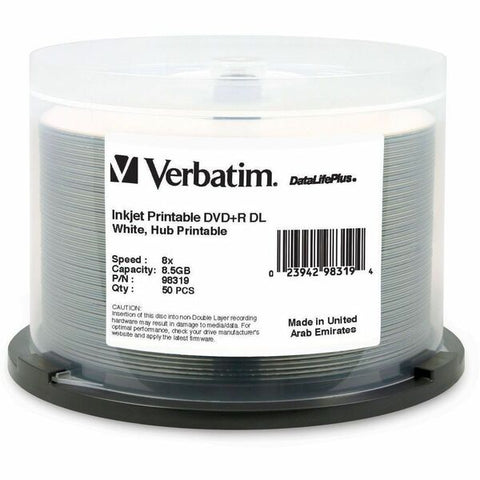 Verbatim America, LLC Verbatim DataLifePlus - 50 x DVD+R DL - 8.5 GB 8x - white - ink jet printable surface, printable inner hub - spindle