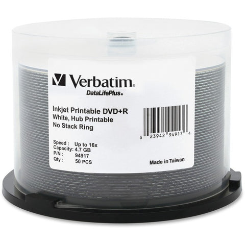 Verbatim America, LLC Verbatim DataLifePlus - 50 x DVD+R - 4.7 GB 16x - white - ink jet printable surface, printable inner hub - spindle