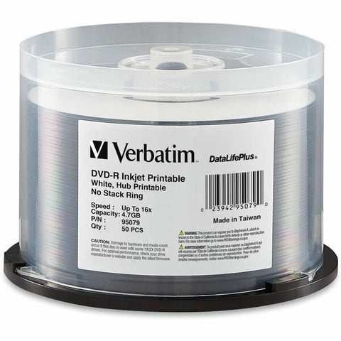Verbatim America, LLC Verbatim DataLifePlus - 50 x DVD-R - 4.7 GB 16x - white - ink jet printable surface, printable inner hub - spindle