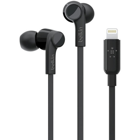 Belkin International, Inc Belkin ROCKSTAR - Earphones with mic - in-ear - wired - Lightning - noise isolating - black - for Apple 10.5-inch iPad Pro, iPad mini 4, iPhone 7, 7 Plus, 8, 8 Plus, X, XR, XS, XS Max