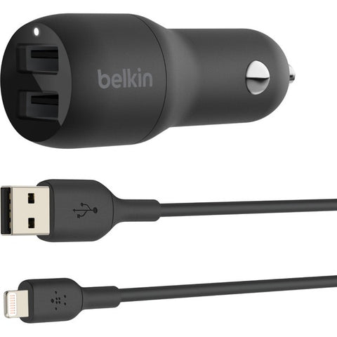 Belkin International, Inc Belkin BOOST CHARGE Dual Charger - Car power adapter - 24 Watt - 4.8 A - 2 output connectors (USB) - on cable: Lightning - black