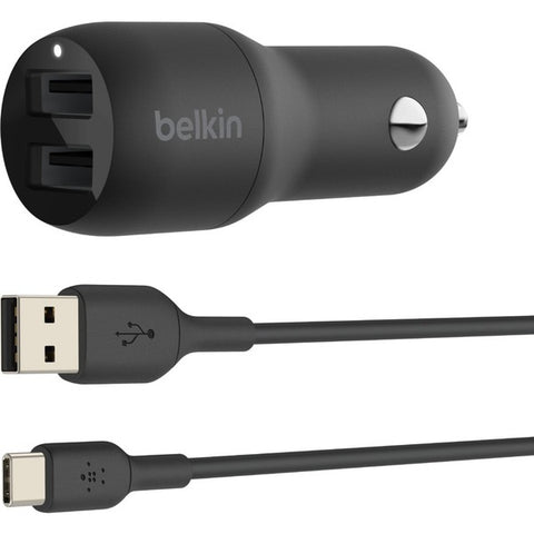 Belkin International, Inc Belkin BOOST CHARGE Dual Charger - Car power adapter - 24 Watt - 4.8 A - 2 output connectors (USB) - on cable: USB-C - black