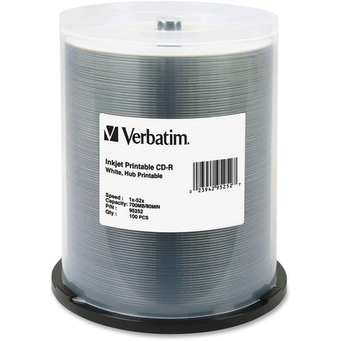 Verbatim America, LLC Verbatim - 100 x CD-R - 700 MB (80min) 52x - white - ink jet printable surface, printable inner hub - spindle