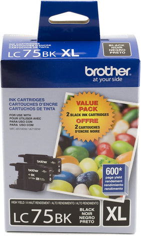 Brother High Yield Black Ink Cartridge Twin Pack (2 Pack of OEM# LC75BK) (2 x 600 Yield)